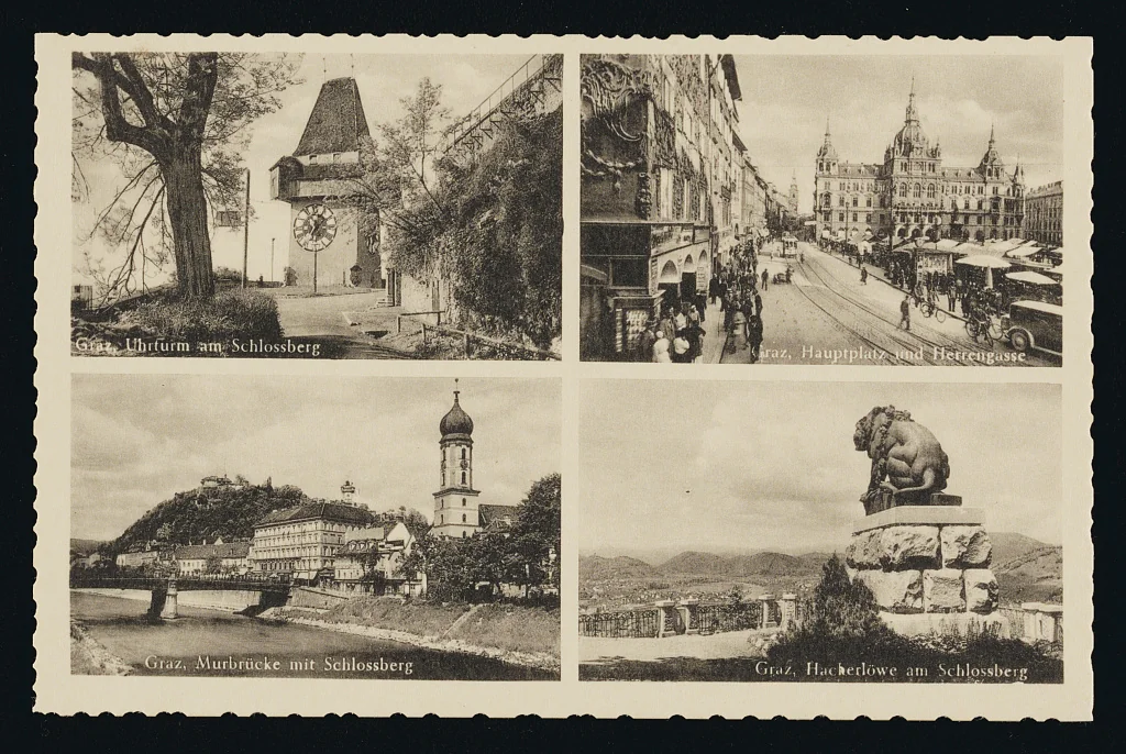 Graz, Uhrturm am Schlossberg und Hauptplatz, ca. 1900