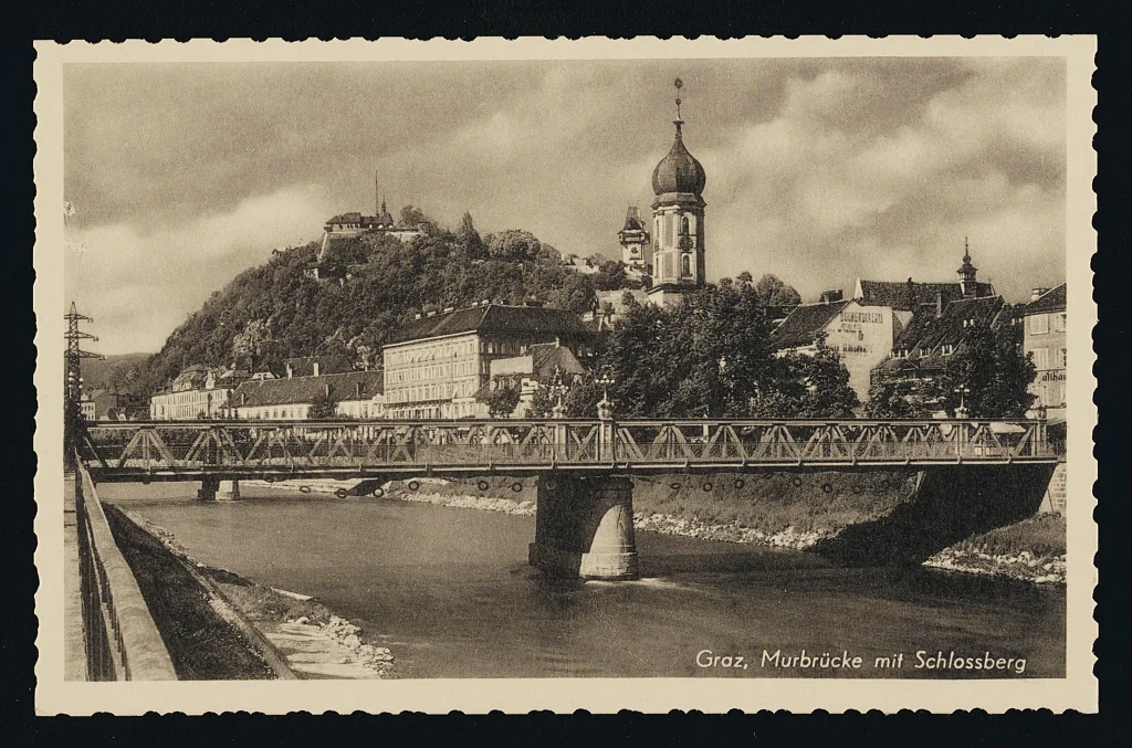 Graz, Murbrücke mit Schlossberg, ca. 1900