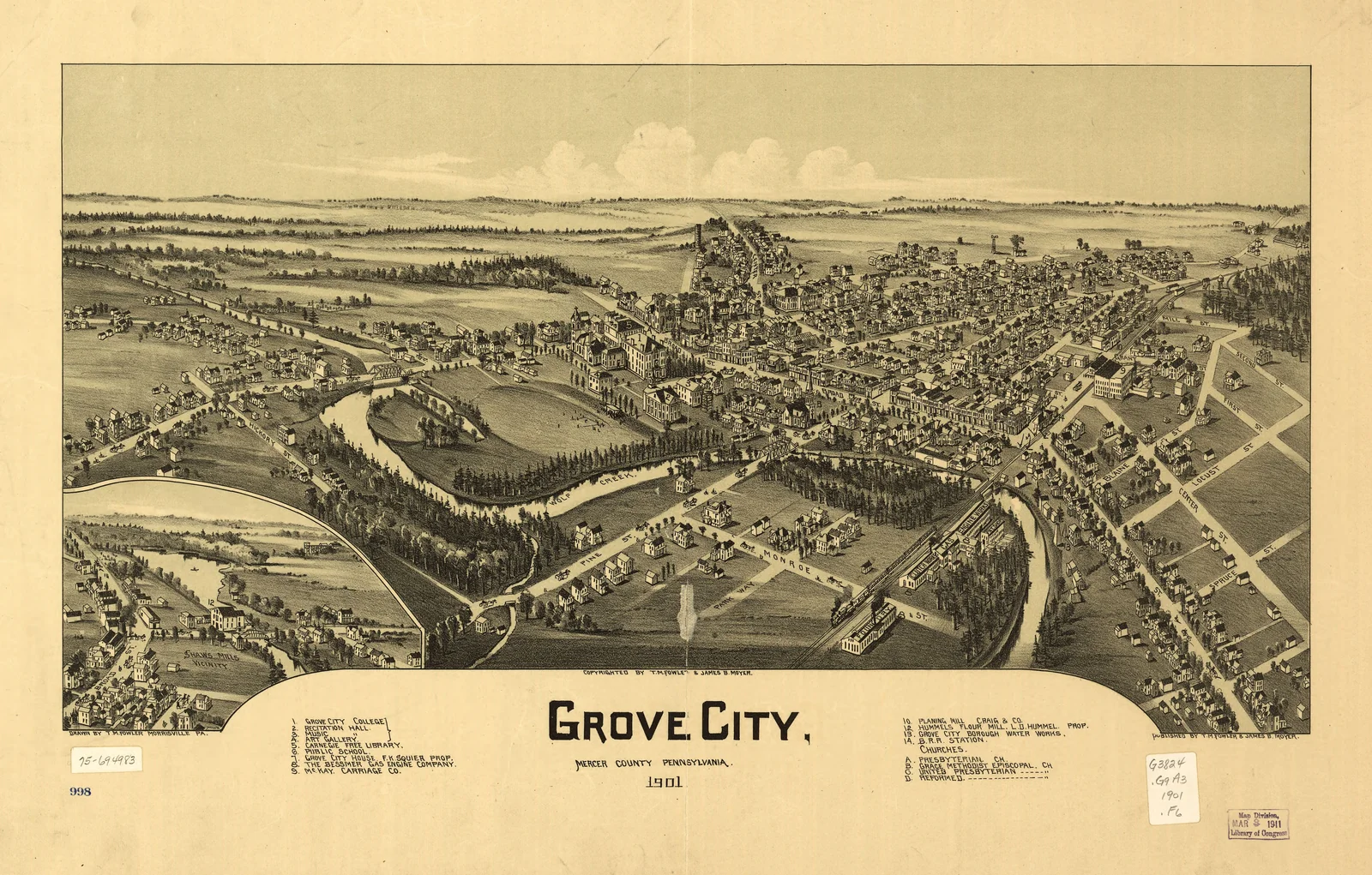 Grove City, Mercer County, Pennsylvania — Bird's-eye-view-Karte, 1901
