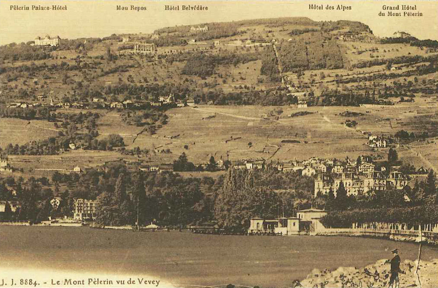 Panorama von Le Mont-Pèlerin um 1912 mit dem Pelerin Palace (Hôtel du Parc, links oben), dem Gründungsort der Mont Pèlerin Society 1947.