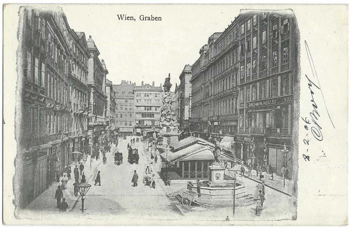 Der Graben Wien mit Josefsbrunnen und Café Schrangl, Postkarte 1906